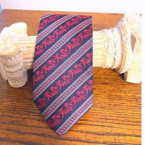 Versace 100% Silk Tie Navy Red Medusa Greek Key Baroque Pattern Made in Italy